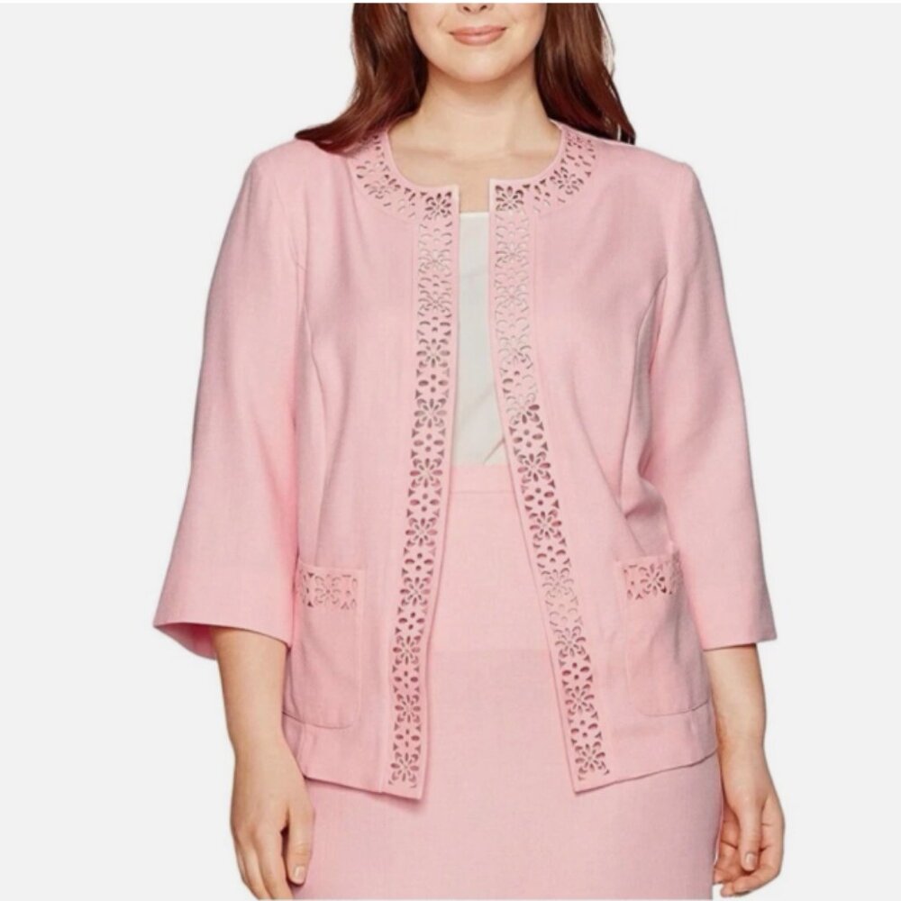 Alfred Dunner 16 Pink Laser Cut Open Front Jacket Blazer Rhinestone Trim NWT